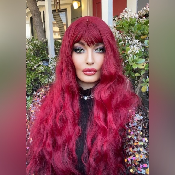 Long red synthetic heat safe wig